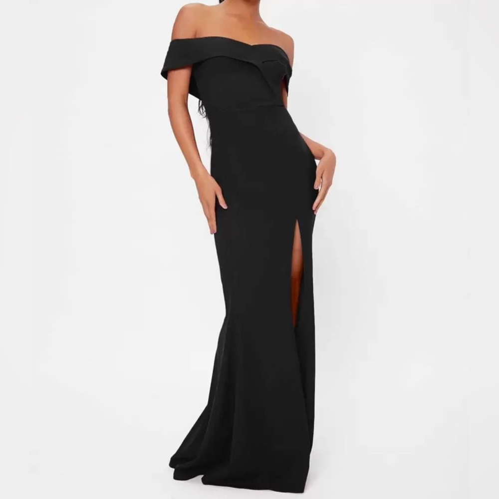 Black Off Shoulder Backless Split Thigh Prom Dress-Size M